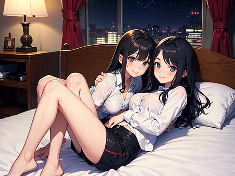 Topless sisters having a night in bed