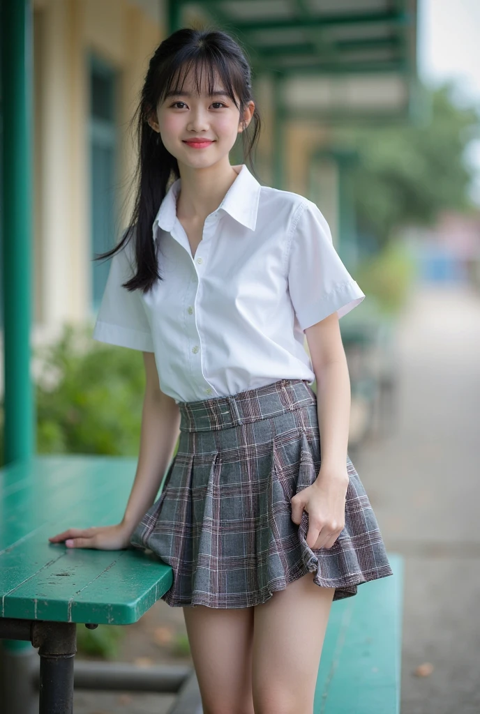 a closeup, masterpiece, top-quality, FULL ANATOMY、Raw foto, Photorealsitic, faces, beautiful a girl, cute little, shorth hair、depth of fields, hight resolution, ultra-detailliert, finely detail, ighly detailed, extremely detailed eye and face, Realistic pupils, foco nítido, Cinematic lighting、flat breast、tiny chest、small tits、(Petite bust:1.2)、Petite bust、 (Slimed、small tit、flat boobs、small tit)、 15 year old woman、Sexual facial expressions、sexy pose、 Wet body、Blushing、Sweating、Very embarrassed look、The face is bright red、Schoolgirl Uniform、Panties are visible from the skirt、Very detailed 8k wallpaper、Sheer white shirt、Navy blue ribbon at the collar、Dark blue pleated micro mini、Show me your whole body、Plump string panties、((Lift the hem of the skirt、Lift the hem of the skirt with both hands、Lift the hem of the skirt yourself,、Show your sexual panties on camera))、is standing、Bokeh in the background、Hairstyle with bangs,Black-rimmed glasses、overknee socks,in front of crowd、A smile