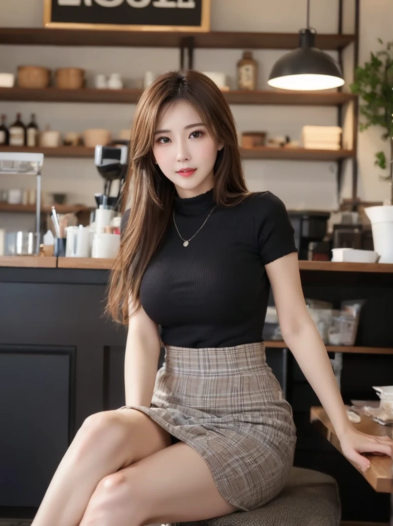 (Realistic, Photorealistic: 1.37), (Masterpiece), (Best Quality: 1.4), (Ultra High Resolution: 1.2), (RAW Photo: 1.2), (Sharp Focus: 1.3), (Facial Focus: 1.2), Elegant, (Full Body: 1.2), Best Quality, Masterpiece, (Realism: 1.2), One Girl, Brown Hair, Brown Eyes, Frontal, Detailed Face, Beautiful Eyes, Pleated Mini-Skirt , In the Room, Big (1.5), Biting Smile, Many Eyelashes, High Heels, Beautiful, handsome, office lady,