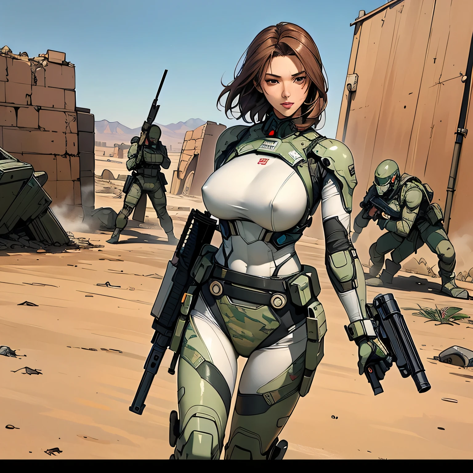 1woman 20 years old, military, beautiful, perfect body, realistic, red hair, perfect body, thin waist,  , large breasts, slim thighs, desert background, armored vehicle, flying fighters, military robot dog, camouflaged uniform, wealth of details, tight panties, marking on the front, slender knees, highly detailed, high resolution, prefect hands, slender thighs, show knees, thigh gap, alert eyes