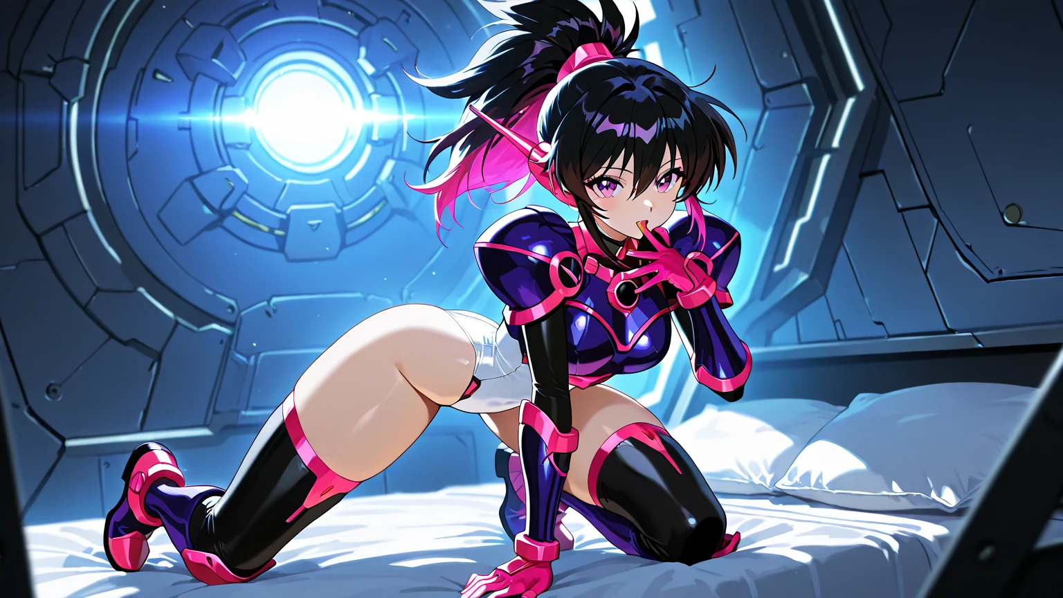 ultra-detailed, Explicit, Beautiful body, Beautiful Nose, Beautiful character design, perfect eyes, perfect face, ultra highres, 4K, beautiful legs, perfect legs, Nice hands, Perfect hand, Masterpiece, Best Quality, Highly detailed, illustration, absurdres, perfect anatomy, street fighter, doll suit, shadaloo doll, dollsuit, expressionless, blank eyes, looking at viewer, red gloves, emotionless, black latex, corruption, mind control, female combatant, full body, hypnotized, unhappy trance, full body suit, ribbed bodysuit, both arms at side, obey, perfect female body, extremely glossy latex, hypnosis, hypnoLora, empty eyes, Mind control device, poses, submissive_pose, Slave, sitting straight, sitting, sitting at attention, hat, necktie, belt, latex, ribbed bodysuit, thigh Highs, garter belt, Fighting Stance, extending the right arm from the shoulder into the air with a straightened hand, military, thigh boots, black pantyhose, (((pixel-perfect, detail-perfect))), solo, 1girl, hair ornaments, HENRIETTA, HENRIETTA, THE FAMILIAR OF ZERO, 17_YEAR_OLD_GIRL, PURPLE_HAIR, BLUE_EYES, LARGE BREASTS, HUGE BREASTS, HENRIETTA_DE_TRISTAIN, CROWN, TIARA, (((sitting on throne))), (((blood on face, blood on clothes)))