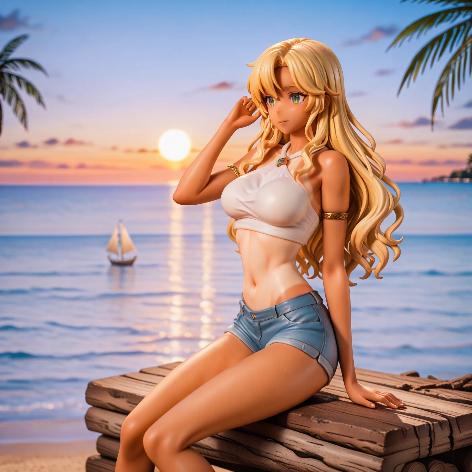 1girl, (Blue Eyes), (smiling :1.1), (Sana Minatozaki), wide hips, Big tits, big ass, (thin waist: 1.2), (thick and toned thighs), (Best Quality, 8k, Masterpiece: 1.3), Clear Focus: 1.2, Perfect Body Beauty: 1.4, strong abs, Highly detailed face and skin texture, detailed eyes, double eyelids, (blonde long wavy hair side bangs :1.2), (cleavage black tanktop :1.1), (denim shorts), (open zipper showing bikini :1.2), standing, dynamic pose, on a beach with palm trees