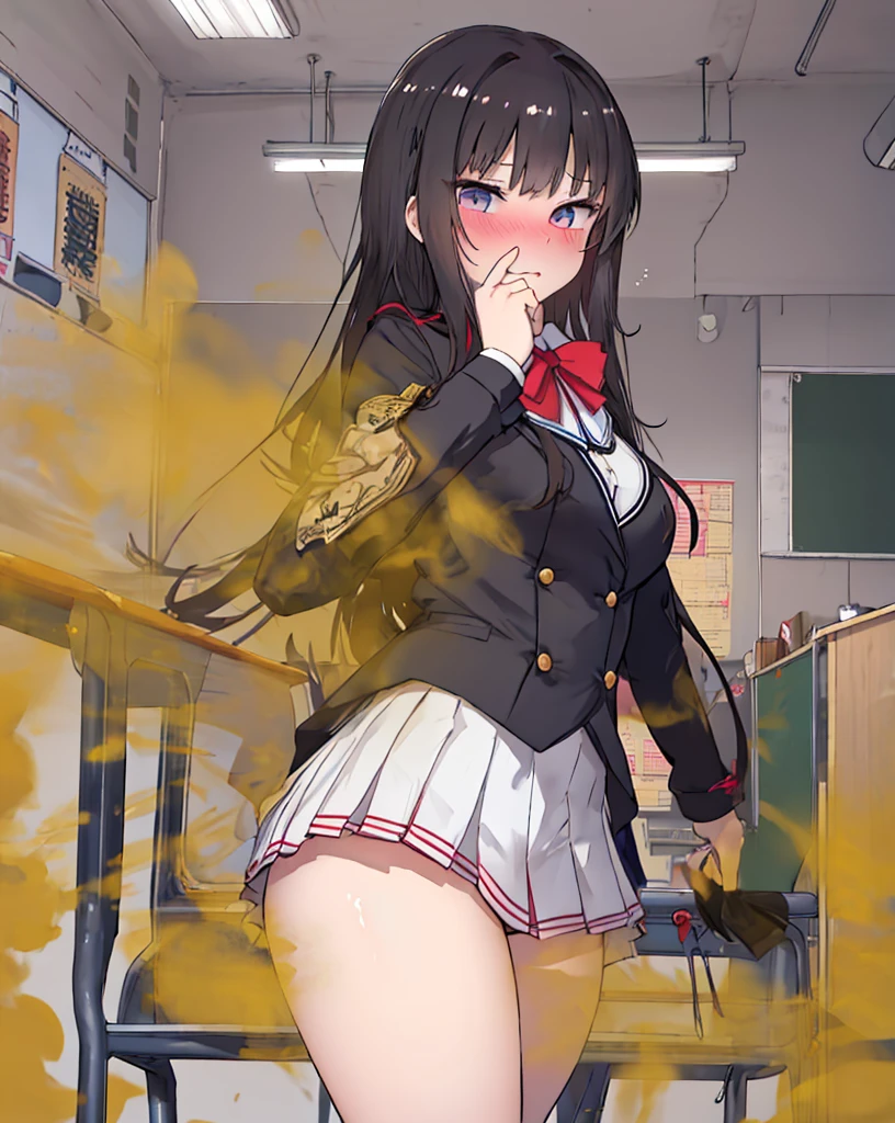 (nsfw),masterpiece,ultra detailed,sharp focus,4k digital art,high resolution,(double peace,peace sign,v sign with both hands:1.5),(suffering and blushed:1.5),bukkake,(adult beautiful face,curvy female),(face focus:1.2),navy blazer,pleated skirt,bow tie,(black hair,medium straight hair),tongue,at natural public park,night,outdoor,night light,(sweaty:1.2),grinning,cum on face,(trembling,flying heart-shapes),(squatting and spreading legs),open mouth,pubic hair,loafers