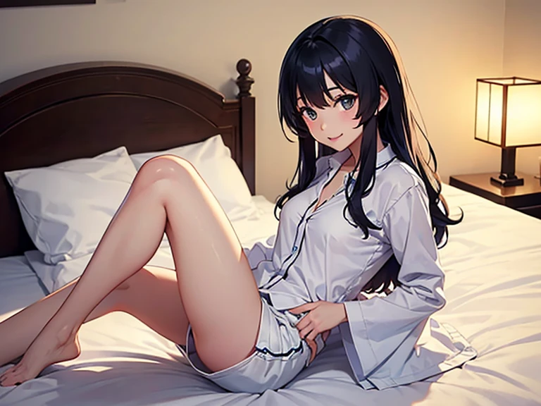 Both legs open, crotch sticking out toward us. 1 female, Japanese High 、sexual, 1 girl, exposure, thighs, lying on bed, dark room, at night, japanese highschool uniform, Butt、detailed, 8k, pussy, Long Black Hair, clear、underwear, beautiful eyes, clear eyes, twinkle lights, nightstars, night sky, japanese garden,