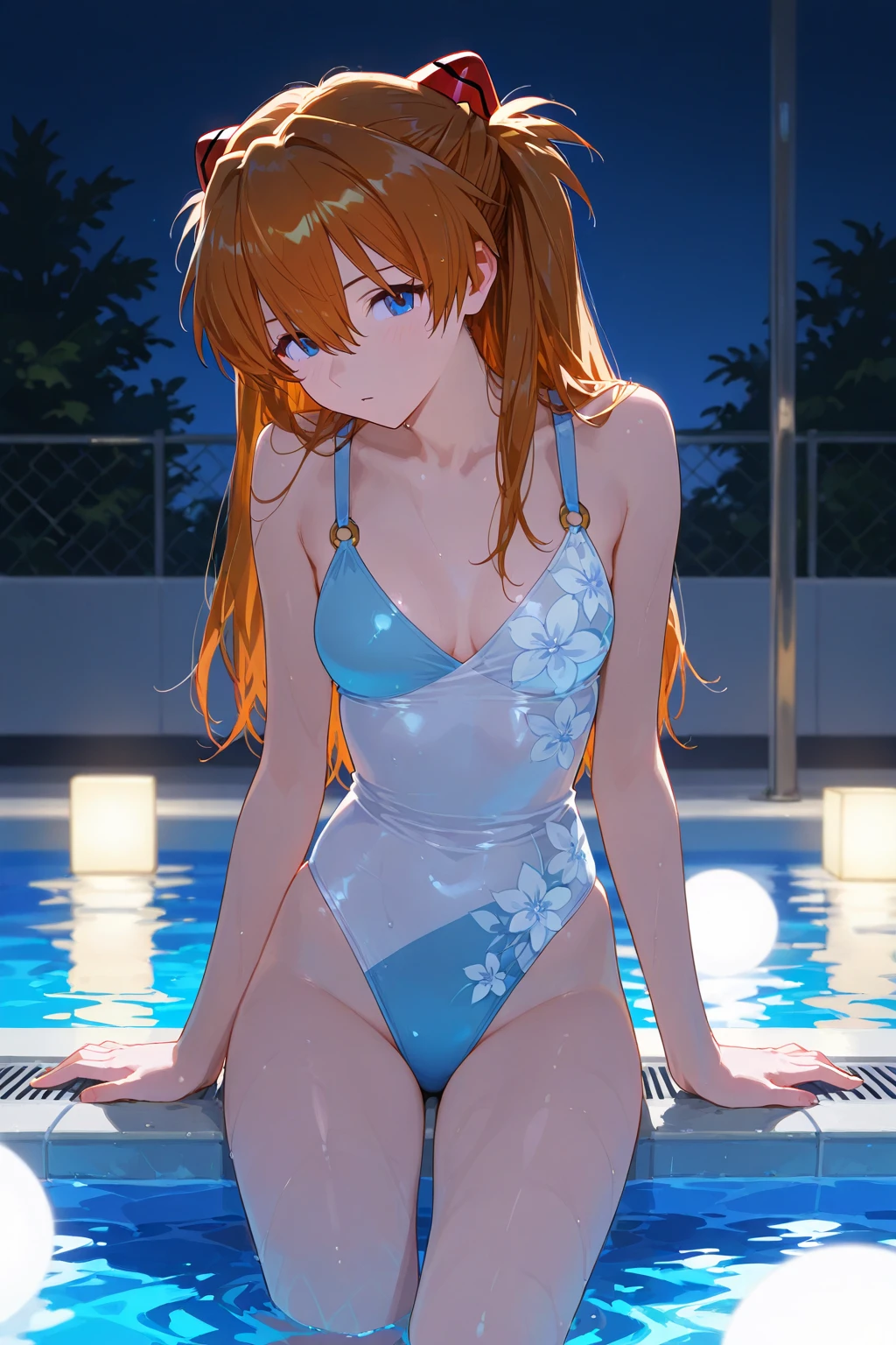 (Master masterpiece、The ultra -The high-definition、extremely fine and beautiful、Ultra-high power of 8 kilometers:2)、(Girl getting wet:1.4)、(Clarity Metallic Orange Bikini:2)、(Transparent skin:1.6)、(Long side tail hair:1.8)、(Beautiful eyes:1.8)、、(Nominal body type)、(Glamorous:1.4)、(musculature:1.4)、(Thin thighs:1.6)、(Thin leg:1.6)、(A smile)、perfectly proportions,Correct anatomy、Good anatomy、(Moon and Milky Way:1.4)、(Dynamic Angle)、(Dynamic Pose:1.4)、(Sit by the pool at night:1.4)、