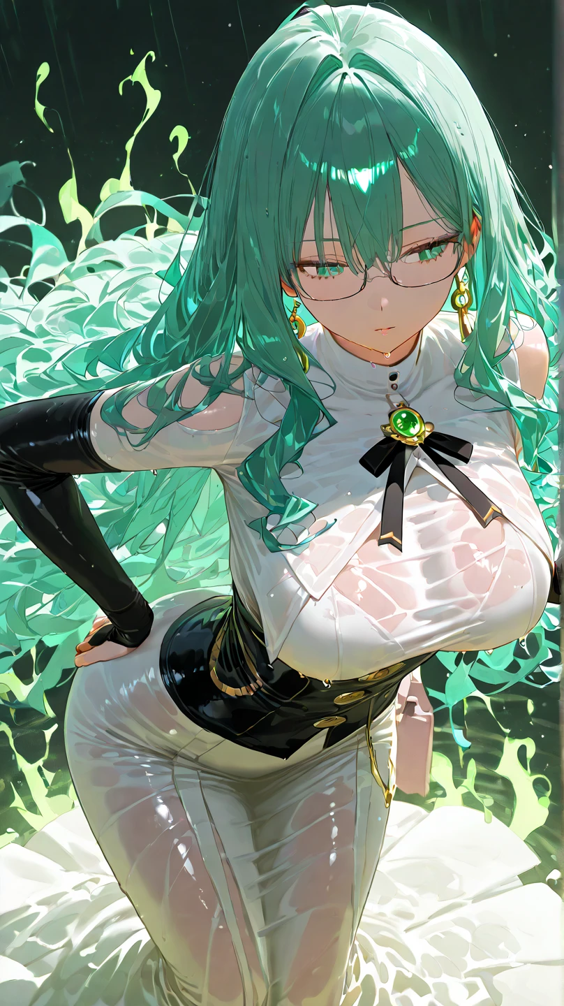 Adult female, curvy body, thick body, DDD size breasts, dragon scales, lizard scales, dark green hair, medium length hairstyles, light cyan blue eyes, ram horns on top of head, pointy ears, very beautiful, glasses, septum piercing.