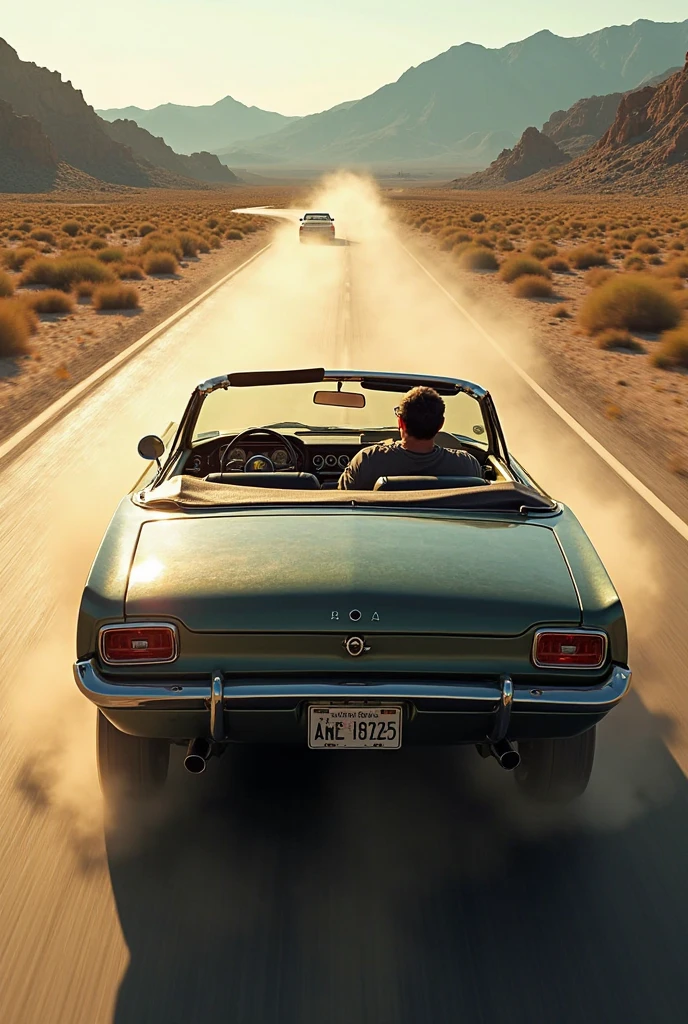 Yellow taxi with driver and passenger visible through windows, dirt road, dust on air, on the street he runs after the car to catch up with it, she is facing the car and with her back to open scene. The place Serra gaúcha.
