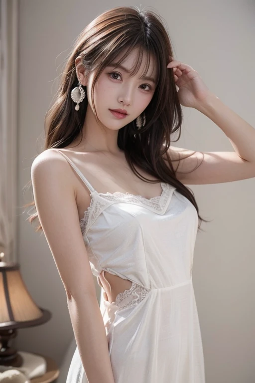 woman, sitting on the bed, Gorgeous Chinese model, very charming and handsome, White tight mini top, Huge neckline, bare shoulders, , flesh-colored stockings, Sitting position, sexual, no panties, Camel toe visible 