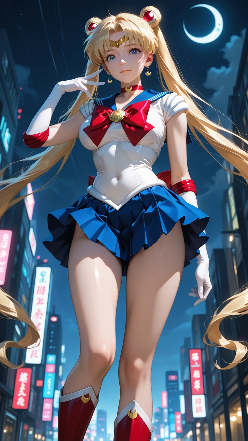 ((Smooth texture:0.75, Realistic texture:0.65, Realistic:1.1, Anime CG Style)), 8K, masterpiece, highest quality, High Resolution, Month 1, 1 girl, alone, Sailor Warrior Uniforms, ((Sailor Moon:1.3)), ((Usagi Tsukino:1.2)), blonde, Magical girl, blue eyes, White panties, ((Red ribbon:1.5)), Red scarf, Elbow hand pockets, Pleated skirt, Navy blue mini skirt, choker, White gloves, jewelry, Earrings, smile, The background is space (Amazing details, Excellent lighting, Wide-angle), full moon, ((Showing panties:1.5)),