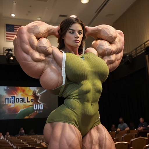 A HD 4K Photo of a beautiful, huge, enormous, buff, giant, Persian, Female bodybuilder, muscle goddess, huge arms and huge legs, giant boobs, enormous muscles, big beautiful eyes, long hair, stood barefoot in the street of a Cyberpunk city with distinctive blue, pink, and yellow neon lights, nighttime, wearing a dress, photorealistic