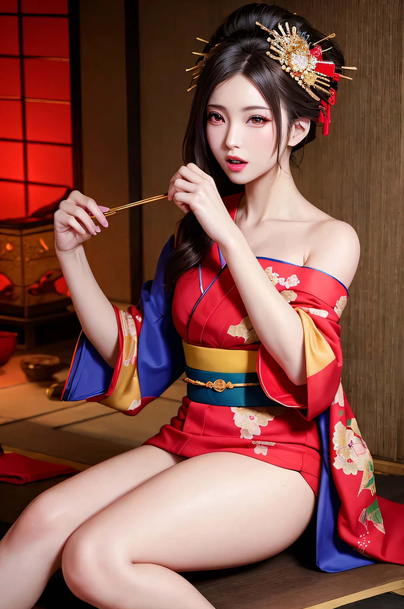 of (amateur photography), Rear view, 1女of子, ハーレイ・クインof衣装を着たベイビー, have sex, straddle, Red top, Halloween, taken on of old camera, low resolution, flash photography, 粒子of粗い, Sepia, polaroid, beautiful face, Happy, laughter, fine eyes, show your chest, 受賞歴ofある風景 、Oiran