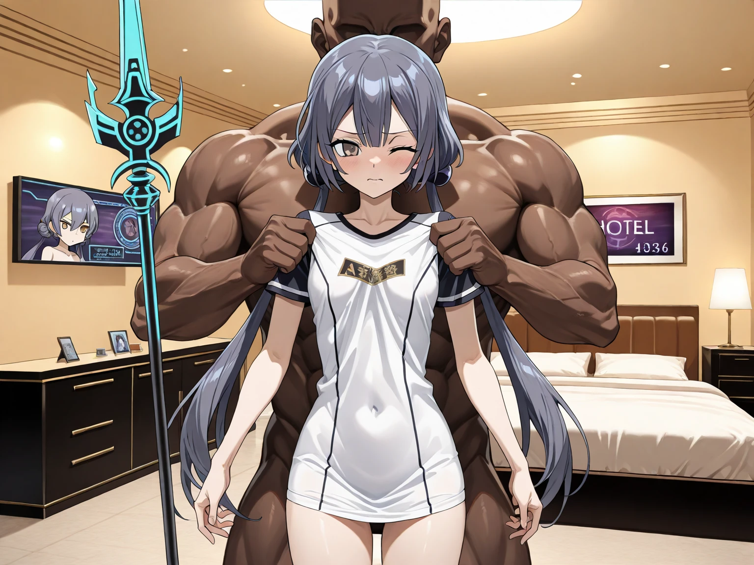 (1 black man and 1 woman,Have sex:1.4),Hug from behind,Grab your chest:1.8）,（Slender body:1.8）,(During pregnancy),((Kantai Collection)),(Tabletop, highest quality:1.2), Johnston, Expressionless, Mouth closed, Looking at the audience, Johnston Summer KC, Both sides up,Long Hair, gloves, belly button, Swimwear, bikini, choker, black gloves, blue bikini,