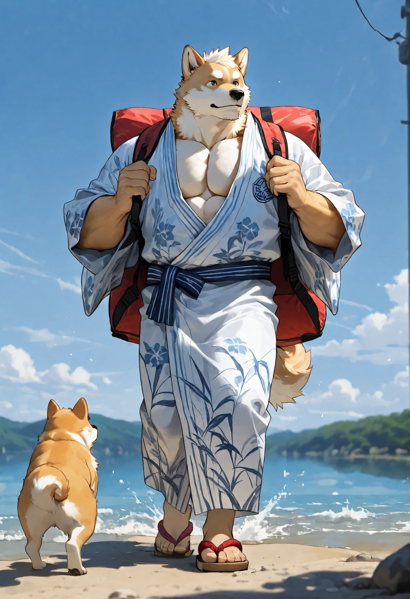 "Volly bear,japanese traditional clothes，white fundoshi,((open) kimono)