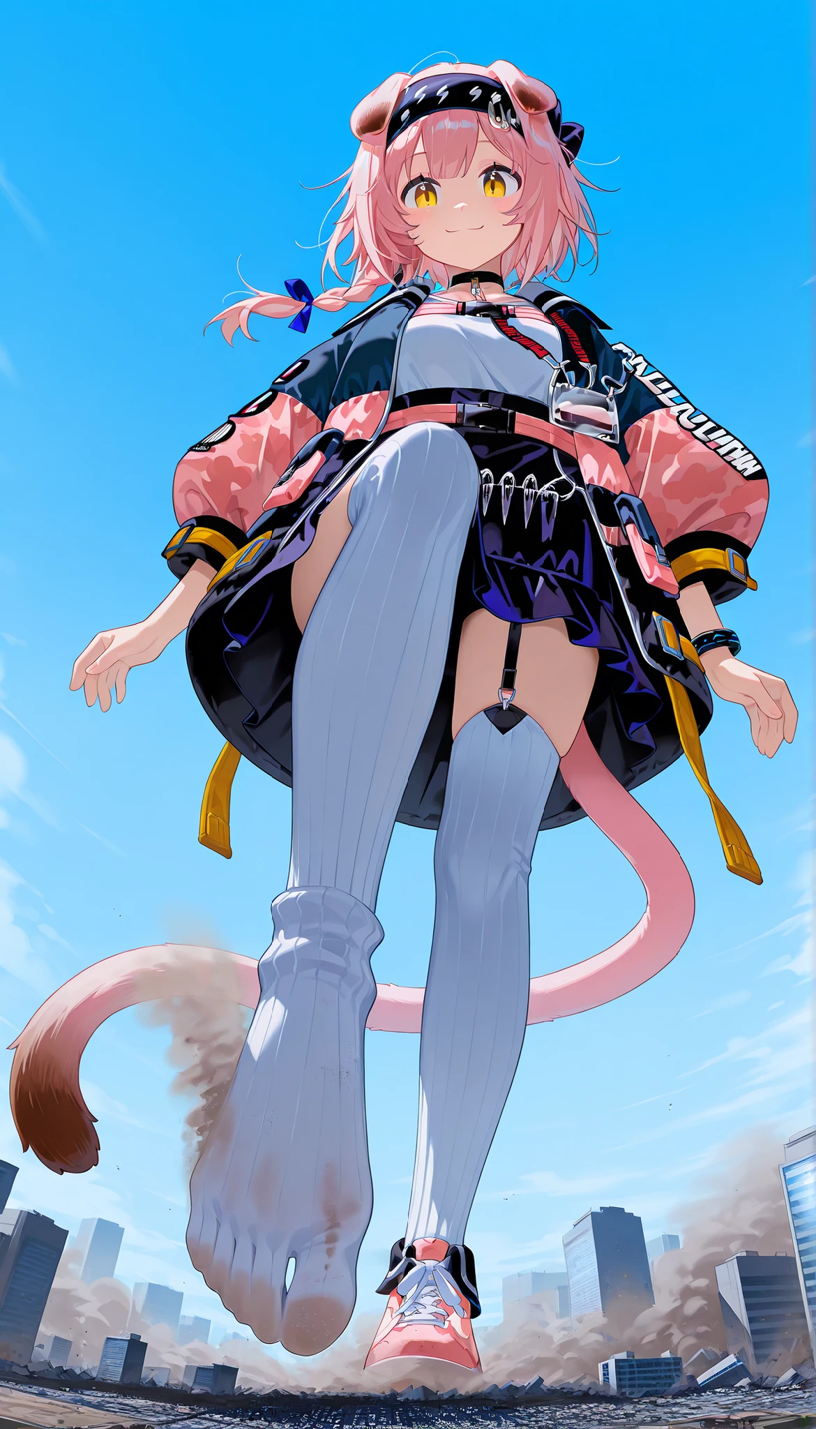 score_9_up, score_8_up, score_7_up, goldenglow_\(arknights\), yellow eyes, pink hair, floppy ears, black hairband, side braid, short hair, high-waist skirt, white shirt, jacket, vertical-striped thighhighs, black choker, open clothes, cat tail, garter straps, bracelet, sneakers, (giantess:1.4), microcity, 1girl, solo, collapsed city, Outdoors, dust, All buildings the same size, Scattering Rubble, fullbody, look down, buildings, ue sky, Outdoors, feet focus, looking down, feet bigger than buildings, huge feet, high angle, smiling, Lift one leg, I'm about to step on this, white socks, dirty socks, (from below:1.1), masterpiece, best quality