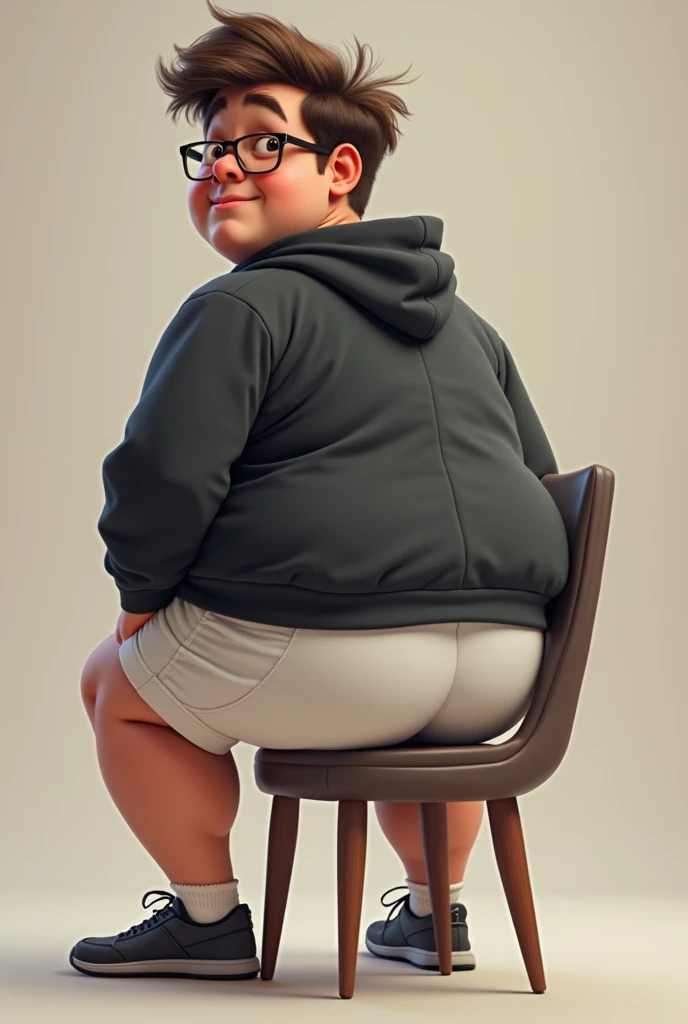 Generate very big and fat human that looks like pig with black hoodie and a white sign on it that says "GymBeam", give him a hair and and some shorts