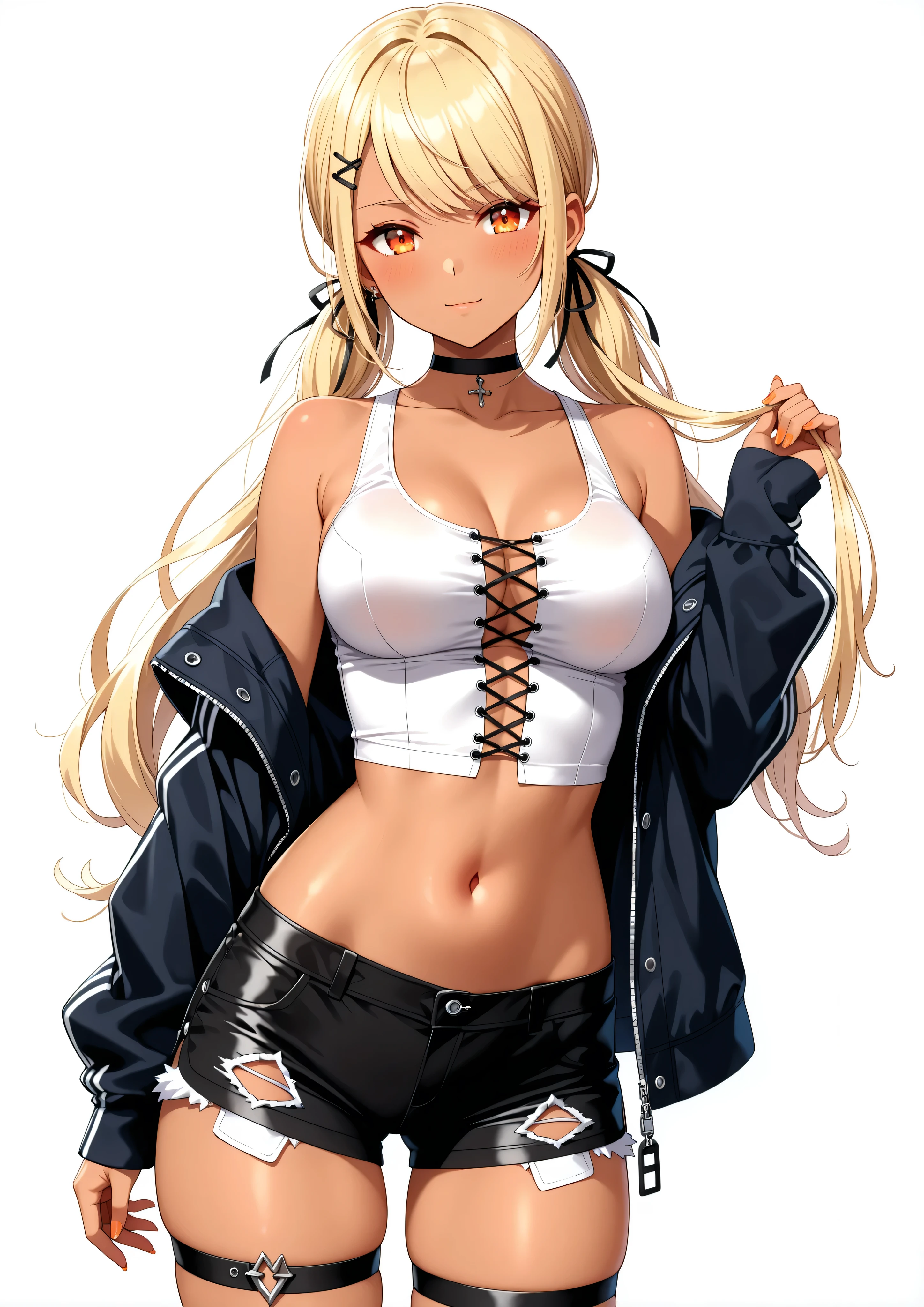 (Animation style), masterpiece, the best quality, extremely detailed, sparkling, glowing lights, 1girl, breasts, solo, skirt, blonde hair, bikini, navel, swimsuit, jewelry, long hair, white background, shirt, blue eyes, simple background, open clothes, plaid skirt, bracelet, looking at viewer, plaid, open shirt, belt, earrings, smile, choker, blue bikini, dark skin, cowboy shot, white shirt, pleated skirt, miniskirt, necklace, collared shirt, parted lips, blush, medium breasts, cleavage, gyaru, stomach, thighs, bikini top only, bikini under clothes, midriff