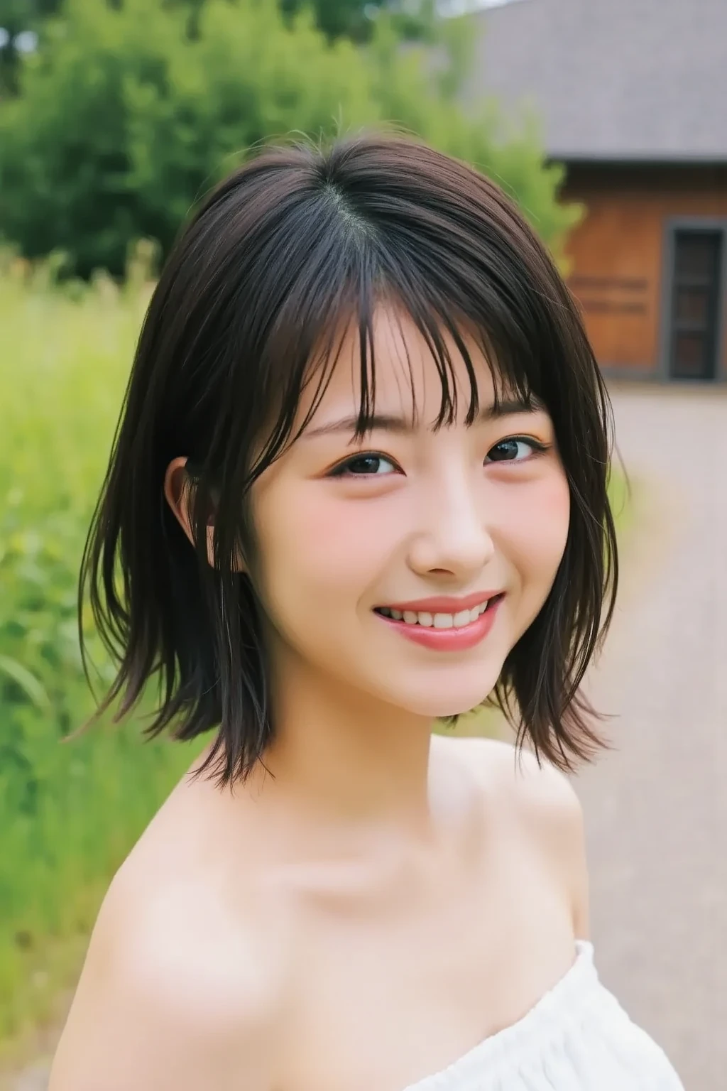 RAW Photos、masterpiece、Highest quality、Realistic、超High resolution、High resolution、16k wallpaper、Very detailed、Finer details、Cinema Lighting、In front of the stone wall、18-year-old female、Realistic Skin、((Dark Eyes))、A shy smile、(Medium Short Hair)、Grey Dress、Yoshitomo Nara, shikamimi, Chiho, mayuri shiina, A real young gravure idol, beast, , Kotegawa Yui, 8k、narumi kakinouchi