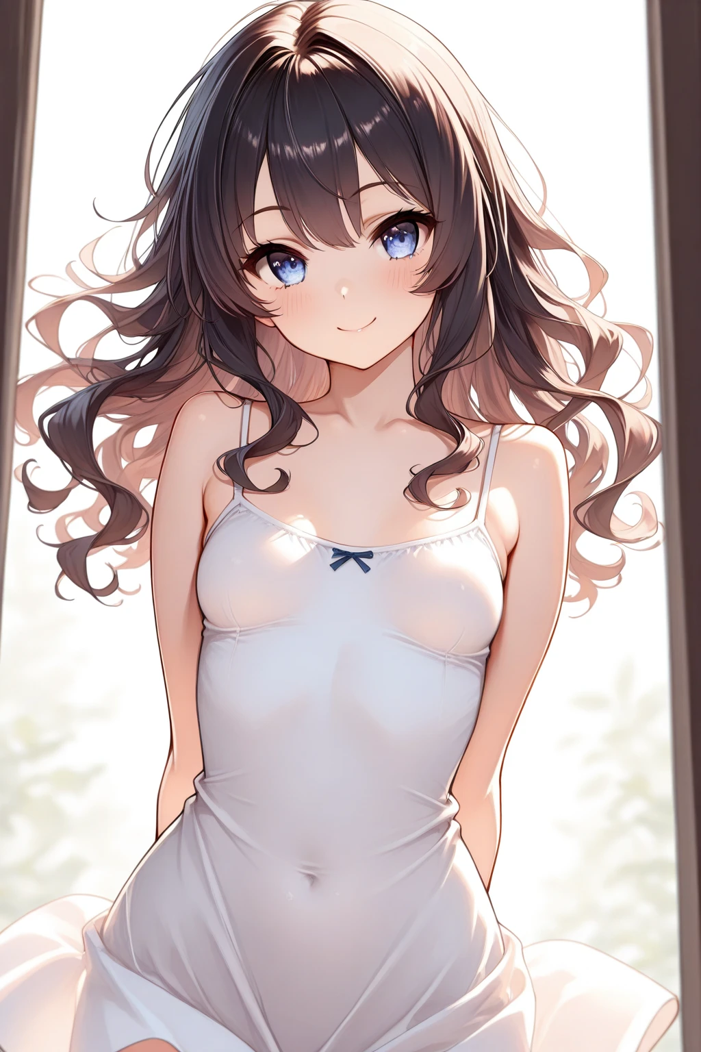 A close-up of a beautiful girl sitting on the floor of a house, anime girl, very cute and beautiful girl, (highly detailed beautiful face and eyes), kneeling, semi transparent white dress, sleeveless, low-cut chest, looking at viewer in the back, she is showing her panties, (skirt lift, white panties), nice ass, big round breasts, detailed nipples, thin waist, defined body, open legs, dark brown hair, bangs, side drill, long hair, messy hair, shiny hair, wavy hair, aqua eyes, glowing eyes, pupils sparkling, cat ears, kemonomimi mode, embarrassed, blush, nervous smile, bright pupils, from behind, high detail, anime, depth of field, outside border, pov, close-up, cowboy shot, from below, perspective, dynamic angle, Wide-Angle, f/1.8, 85mm, Sony FE, 8k, super detail, UHD, retina, masterpiece, accurate, anatomically correct, highres, best quality