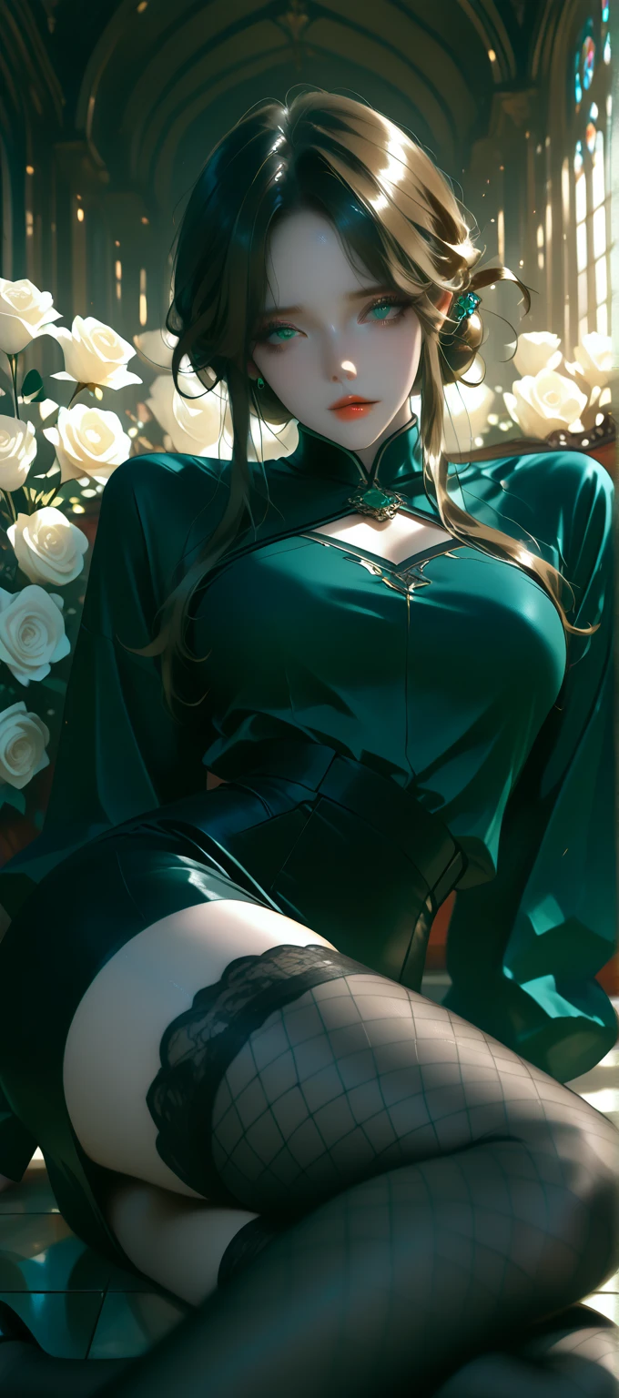 8k, masterpiece, best quality, highly detailed, 1 girl, tiefling, warlock, multicolored hair, very short straight hair green highlight hair on white hair, strippled hair, wearing glasses, round glasses, earrings, red eyeshadow, long eyelashes,navel piercing, blushed cheek, necklace, collarbone, mole, glamorous, purple and teal clothing, villainy, smirk, seductive face, close up view, rings, looking at viewer, demon horns, solo, chinese dress, ballroom, palace, blue pale moon, sitting,