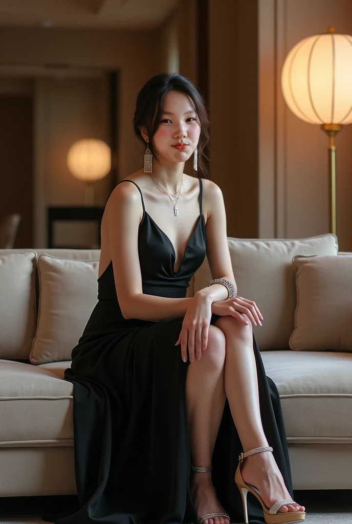 A queen on a throne, black hair, a crown, glass window