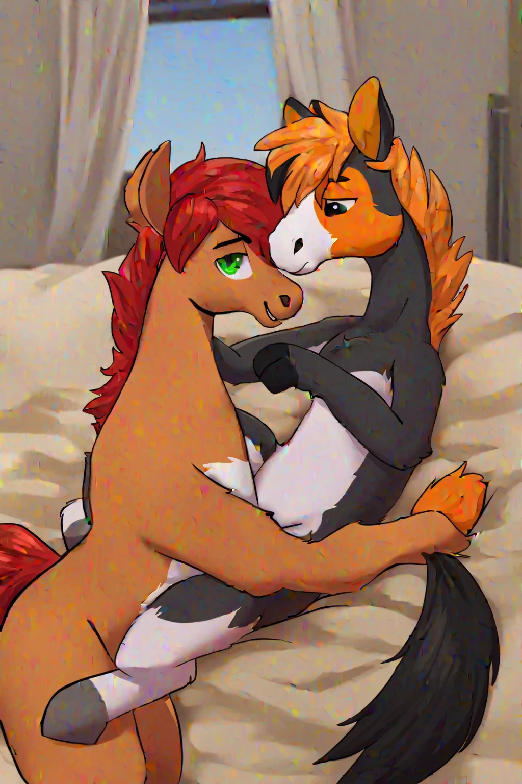 Female pegasus pony, brown fur, red hair, green eyes, green polka dot bandanna in hair on head, white feathers on wings,  large crotchboobs, fishnet stockings, standing, deepthroat blowjob 