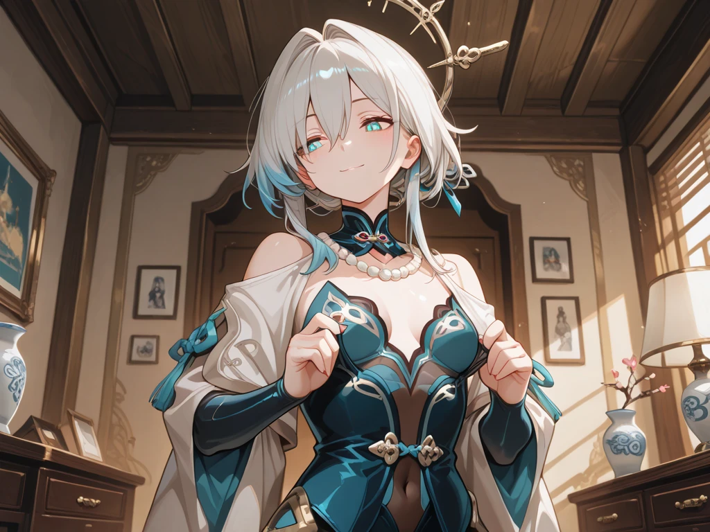 ((put both hands on their chest)), ((surprised)), ((looking down)), (blush), one girl, elf, silver hair, red eyes, bob cut, braided hair, fantasy style costume, wizard, ruffles, robes, long skirt, tights, indoors, kneeling, concept art, beautiful anime scene, beautiful anime scenery, masterpiece, highest quality, 4K