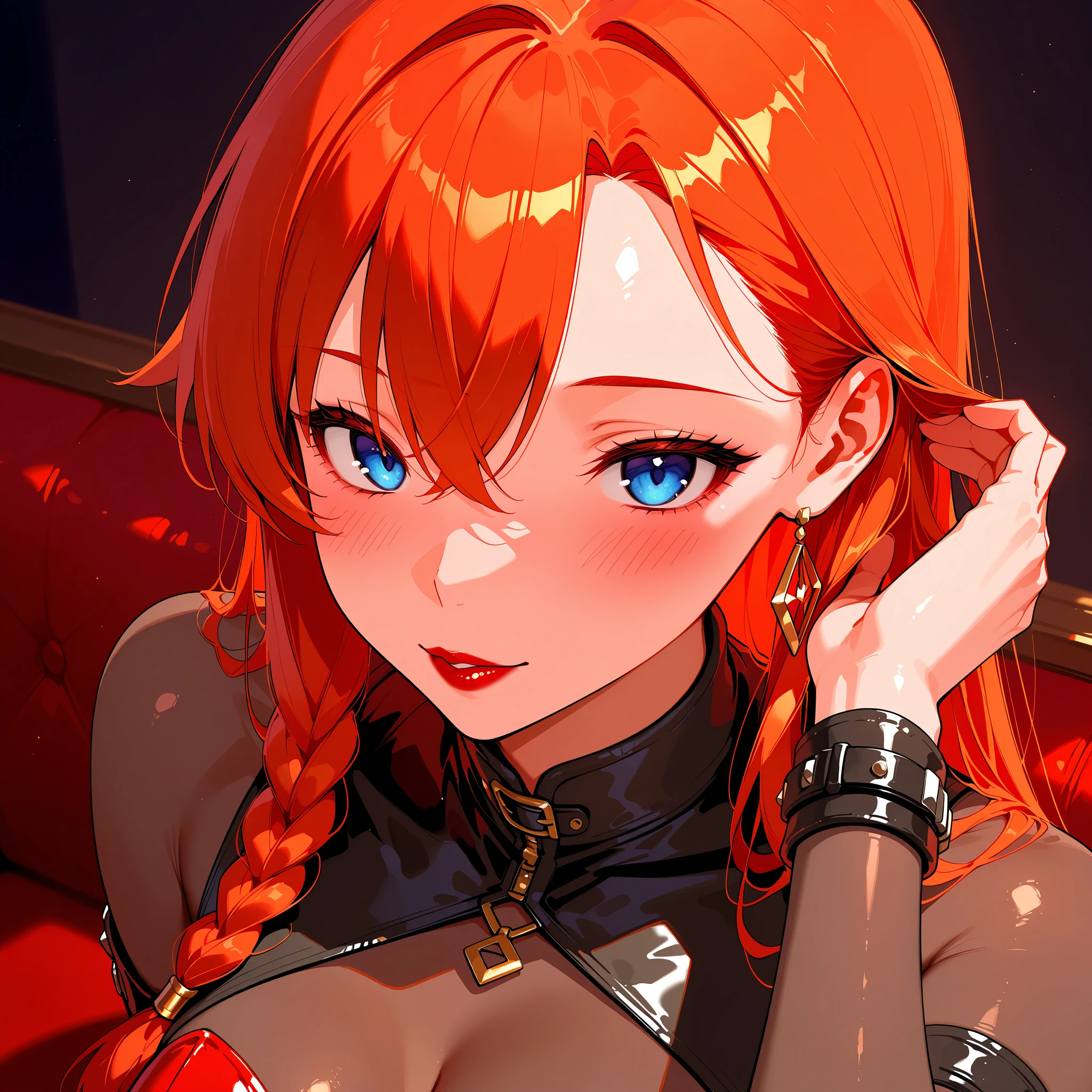 1girl,solo,super detailed skin,shiny skin,wet oily skin, expressionless face,half open mouth,eyelashes,red hair,multi-tied hair,long hair,large breasts,unique and complex clothes,night fantasy pond,luminous pond,masterpiece,best quality,ultra detailed,high resolution,sharp focus,depth of field