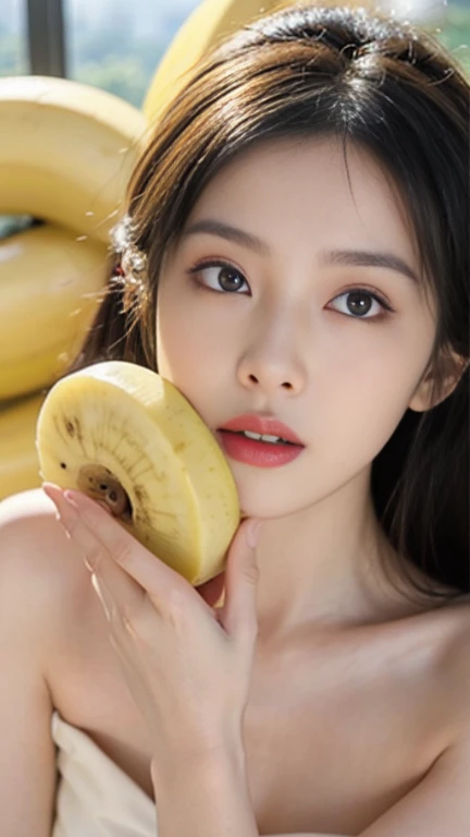 (Two pure Japanese girls,), (Small breasts:1.5,),(alone,,Textured skin, Detailed skin,Detailed face,Detailed eyes,detailed posing,Natural eyebrows,Sparkling eyes,Attention to detail, Highest quality, Very detailed, Surrealism, ,8k,RAW Photos,Photographicism,Professional Lighting,Ray Tracing,Portrait Photography,Soft Light),((Black Hair, Natural Makeup,Simple Earrings, Bun Hair,smile)),(((Eating a banana,V-neck knit,Dutch Angle, Chest girth, )))