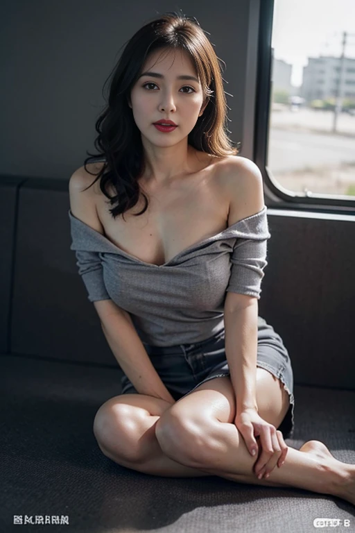 25-year-old Caucasian woman、Her hair color is reddish、blue eyes、semi-long、setting hair、I'm tying my hair、My hair is wavy、Slender but thin macho、accessories on the wrist、wearing a chain necklace、beautiful breasts、smile、I need space above my head、accessories on the wrist、wearing a chain necklace、beautiful breasts、smile、Wearing a sweater dress、Holding a handbag in his hand、Being on a large plane with a flat, mirror-like surface so high up in the sky that you can see the clouds below.
