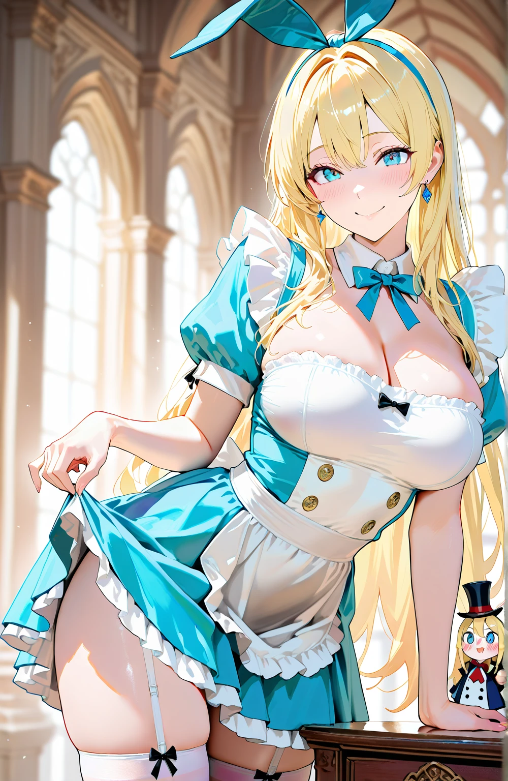 (obra maestra), (Mejor calidad), (extremadamente detallado), Alice Liddell, Vestido azul, Delantal blanco, Cinta negra para el cabello, calcetines largos blancos, linda pose, in a flower garden, (estanque), (((Castillo de Disney al fondo))), (cielo azul), (sunny day), 3D. illustration, buenos momentos destacados, proporciones perfectas, dynamic, profesional, premiado, (Piel muy detallada), (cara muy detallada), fotorrealista, HDR, ultra high resolution, absurdos, busty.
