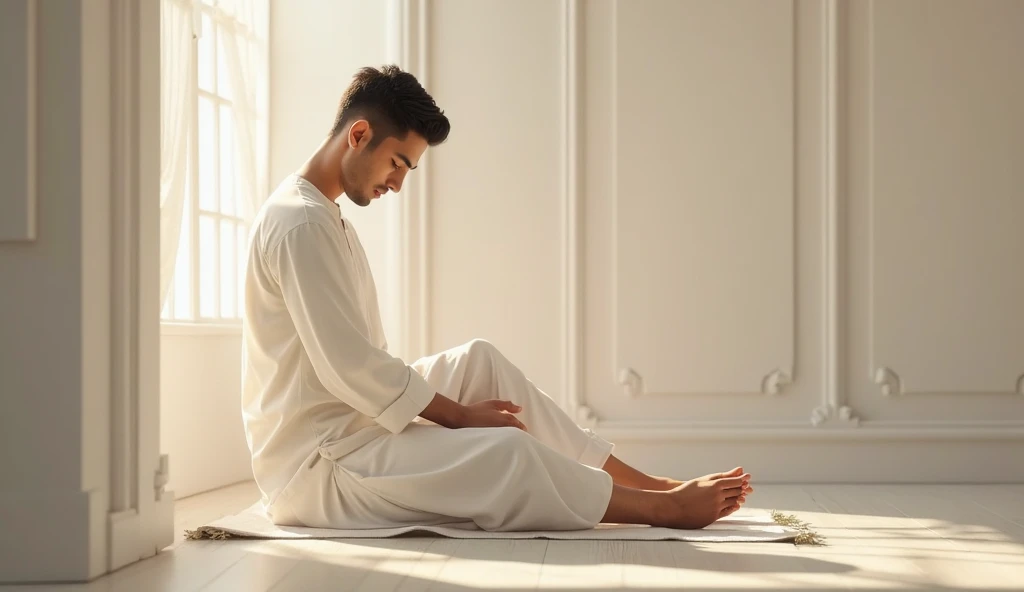 A man with brunette skin, short brown hair, in a meditation position with his eyes closed and hands in a prayer position. He is wearing lilac pants and is shirtless, showing a defined abdomen. The image should be full-body, highly realistic, showing the man in a meditation pose in an entirely white temple with a white floor, white stone walls, white ceiling, and white columns.