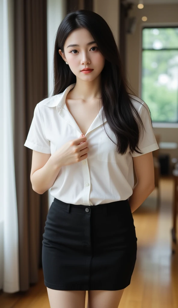 absurdres, RAW photo, extremely delicate and beautiful, masterpiece, Best Quality, ultra high resolution, 32k, hyperrealistic, ultra-detailed, perfect anatomy, anatomically correct, perfect figure, Perfect Style, Perfect balance, super Detailed skin, in her 20s, very Slim body, narrow waist, very small head, very small face, delicate facial features, detailed face, detailed eyes, tearful mole, earring, very huge round breasts, whole body shot, whole legs, medium hair, asymmetrical hair, indoor, (school_uniform:1.2), cape,