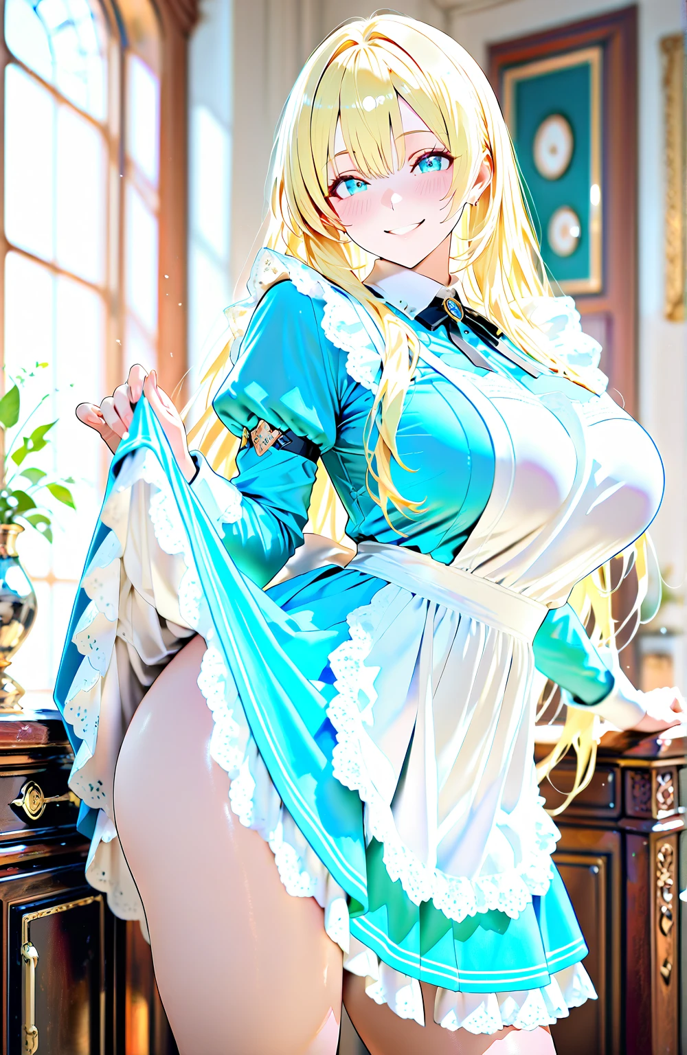 ((Masterpiece, Top Quality, High Resolution, 8k)), 1 beautiful woman, (Attractive woman), Shiny blonde, long hair, French updo, Smiling face, Blue eyes, Slanted eyes, Very long eyelashes, Maid's white headdress, (((Blue maid's dress with a large opening from the back to the buttocks))), (((thong))), Image from head to knees, Angle from behind, (((Beautiful and shapely hips))), Very large breasts, Beautiful proportions, Living room of a luxurious mansion, Highly detailed animated illustration,
