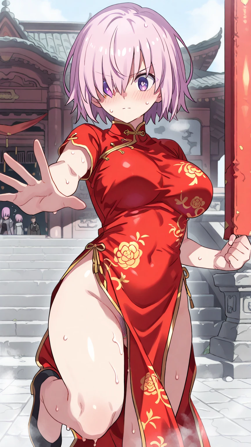 masterpiece,best quality,highres,ultra-detailed,sakura megumi,ahoge,long hair,hairclip,<lora:sakura_megumi:0.8>,bare shoulders,china dress,chinese clothes,short dress,cleavage cutout,sideboob,thighs,hands_on_hips,(furrowed_brow:1.2),indoors,front view,from_below,