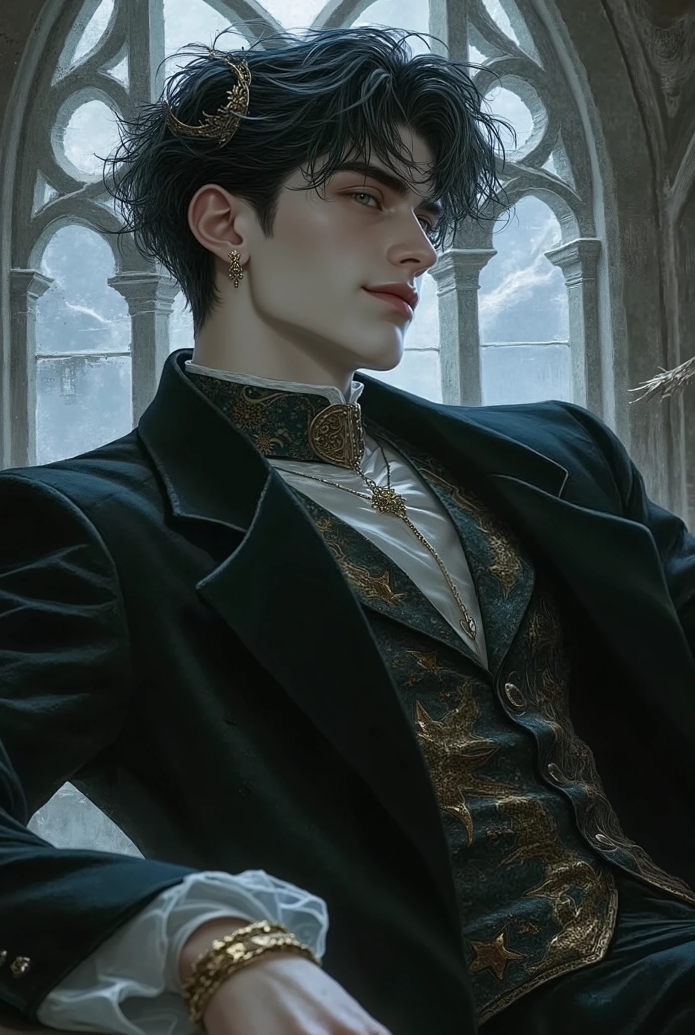 A seductive dark-haired man, around 23 years old, with tousled black waves and piercing grey eyes, posing in an extreme foreshortened angle from below. The view starts from his legs, emphasizing his strong thighs, narrow waist, and broad shoulders as he leans back confidently near a gothic arched window. One arm is raised slightly, the other resting elegantly, forming a majestic and statuesque contrapposto pose. His face is turned slightly down toward the camera, lips curved in a knowing, alluring smirk, with flickering eyes full of mystique. He wears a tailored indigo-blue brocade vest over a sheer high-collared shirt adorned with golden star embroidery. The translucent sleeves billow at the cuffs, blending softness with strength. A structured dark coat drapes off his shoulders, enhancing his silhouette. A golden circlet crown in the shape of radiant stars rests on his head, paired with delicate golden earrings. Behind him, a grand gothic stained-glass window casts ethereal light through stone tracery, painting celestial shadows on the ground. Captured with a wide angle lens, anime-style dynamic perspective, exaggerating body proportions for dramatic effect.

1 boy., Solo, high resolution, masterpiece, precise, anatomically correct, has been honored several times., Qualityที่ดีที่สุด, Damaged, Details, โมเดลhigh resolution, Detailsสูง, miaoz, iaoz, Quality, Retina display, Detailsมาก, realistic texture, high resolutionสุด, broad shoulders, seductive smirk, Flickering Eyes, extreme foreshortening, dynamic perspective, worm’s eye view, anime-style angle, wide lens distortion, dramatic camera tilt, gothic elegance, star embroidery, celestial crown, soft gothic shadows, regal masculinity.
