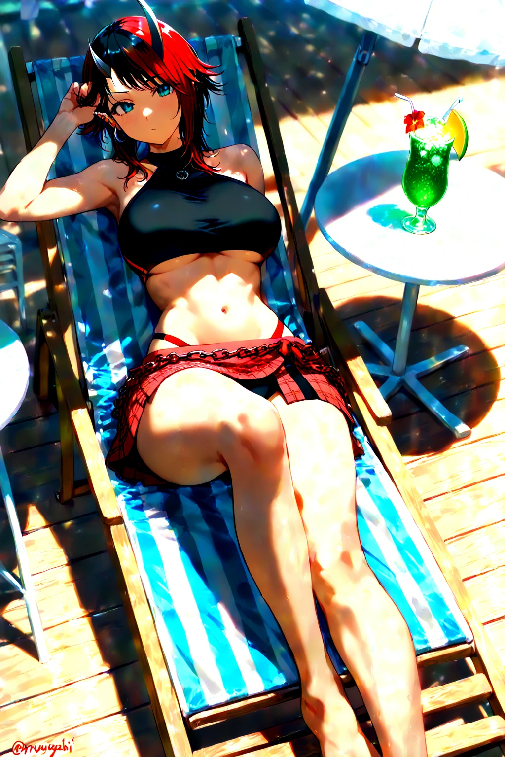 Giantess, long sexy legs, yellow hair, bikini, lying on the ground, city at her feet burns in flames for the destruction she has caused, tiny people climb on her body to try to defeat her uselessly. Giantess, goddess, macrophilia, curvaceous body, hentai, fetish, sexy legs, bikini, high heels, high quality, tiny people, people climbing body, giantess body, small people
