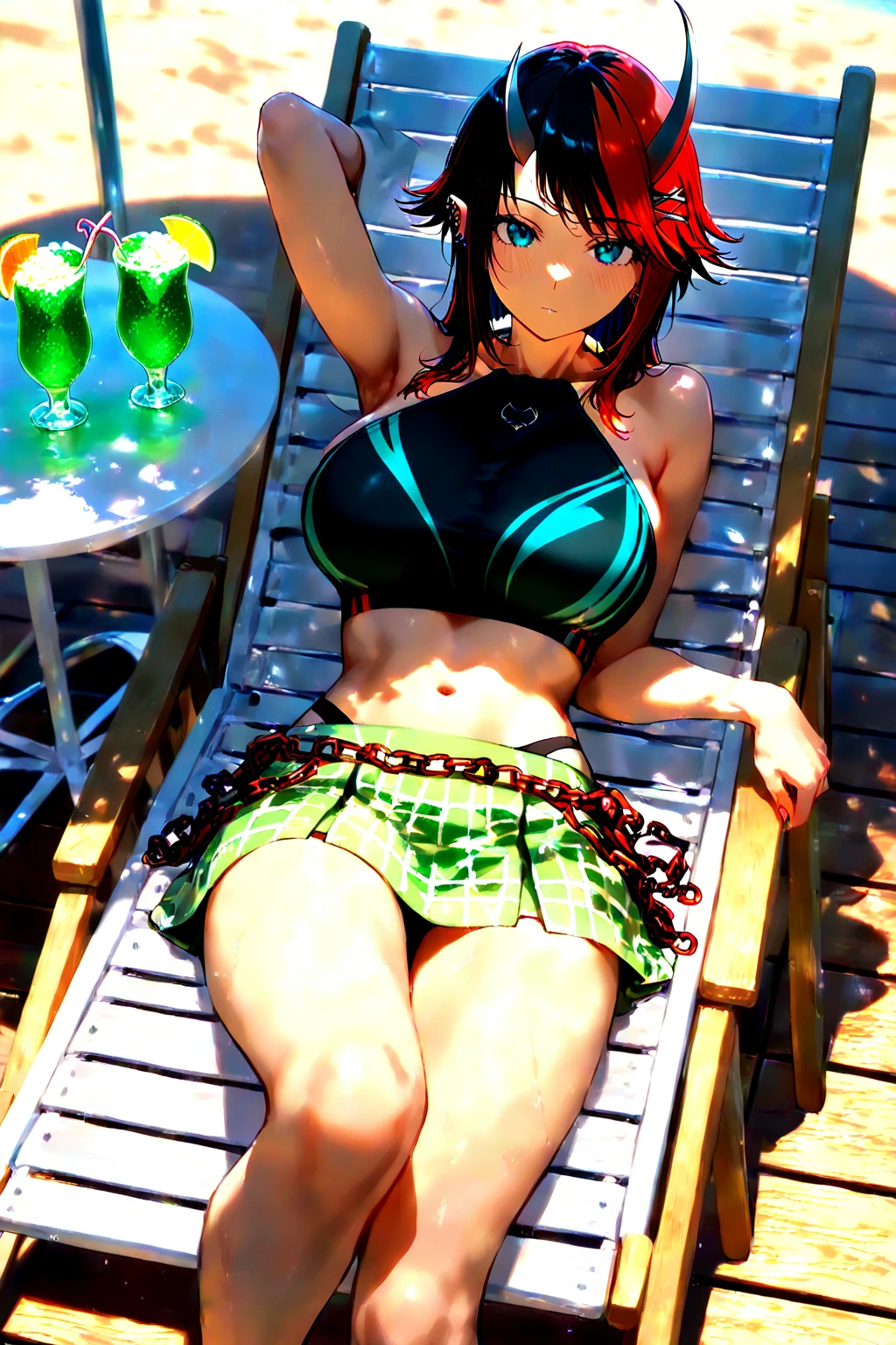 1girl, masterpiece, best quality, medium full shot, red long ponytail, green bikini, jean shorts, busty, tanned skin, smiling, sexy pose