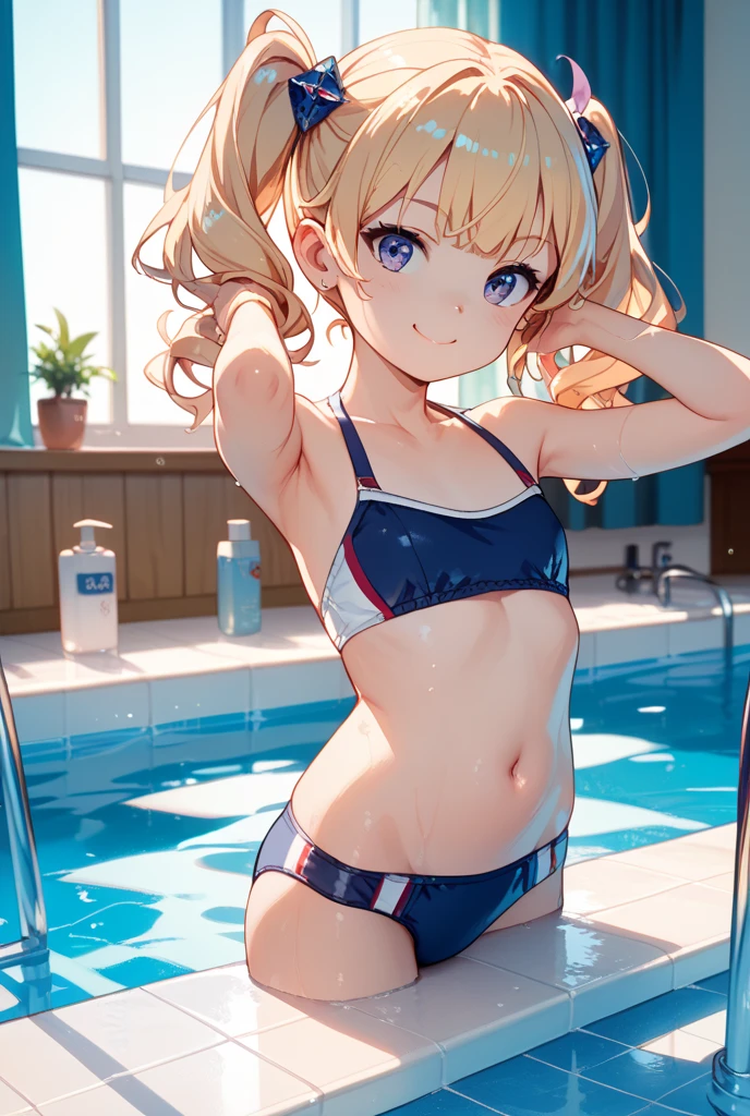 ((best quality)), ((masterpiece)), (detailed), 4K,1 Girl, beautiful girl,12 years old,Smile, Flax hair, blue eyes, Ponytail, White Sports Bra, Lie by the pool, Swimwear,beautiful girl,Facial visual focus,Smile