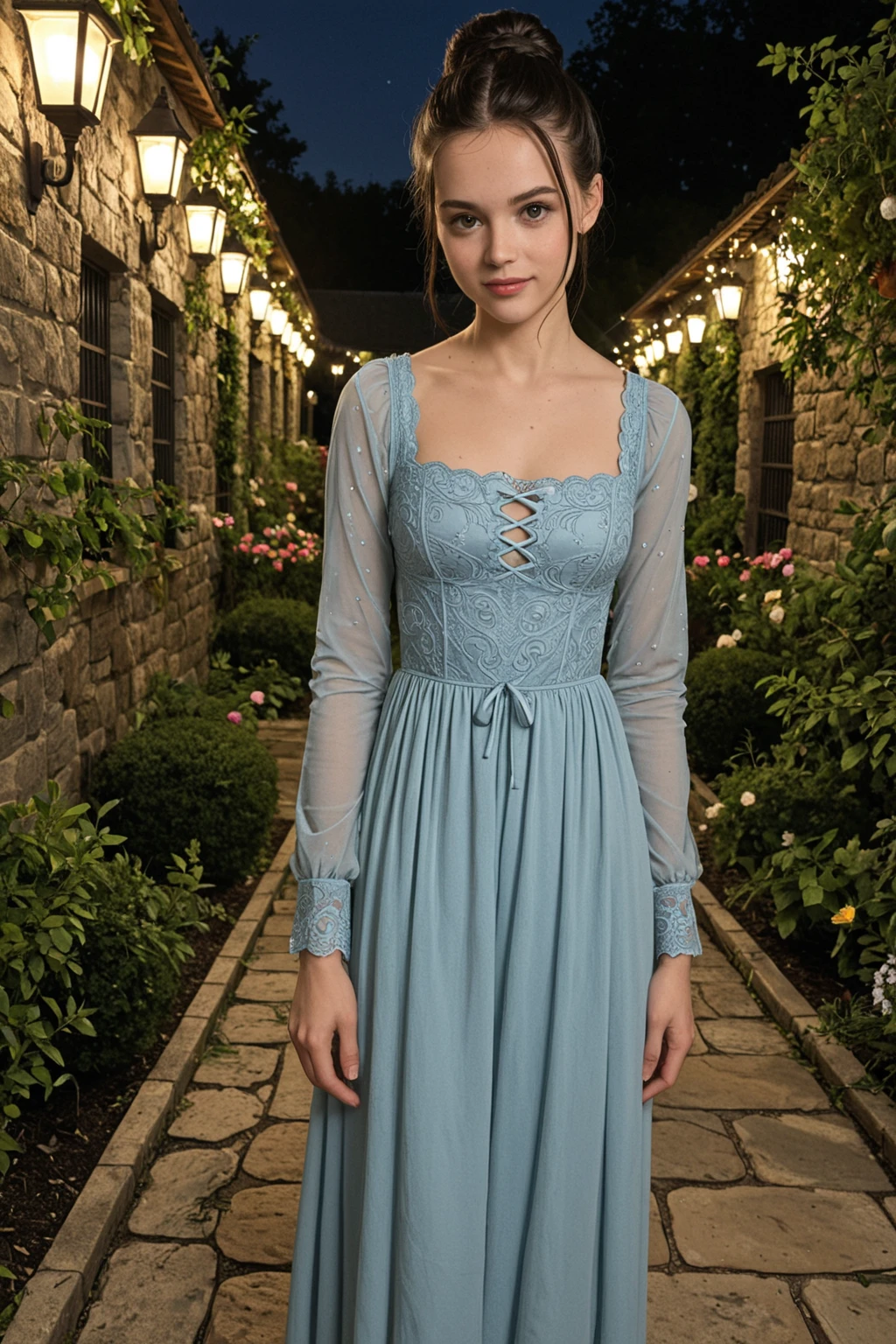 (8k, RAW photo, highest quality), (ultra-realistic RAW portrait photograph of Cara:1), photorealistic, (perfect lighting and composition:1), (high detail, 8K resolution:1), hdr, (shot on a Hasselblad camera:1), <lyco:MADGOD_STYLE16:0.3>, princess, (dress:1.2), frills, a woman sitting on a bench in a garden, professional photograph, studio lighting, (minimal post-processing:0.2), (dynamic angle:1.2), (dynamic pose:1.2), pinup:0.3, Analog, ((Award Winning Photograph)), (hyper-realistic) (skin texture:1.2), upper body, delicate features, beautiful, elegant, regal, (detailed eyes, deep eyes:1.2), blue eyes, reflective eyes, lips, breasts, (perfect female figure:1.3), expressive, stylish, frill trim, half updo,  long sleeves, large breasts, (detailed shiny skin:1.3), lovely smile, low key, (highest quality), (best shadow), ,(bloom:0.7), (depth of field:1.1), (cinematic), (sharp focus:1.2), small details, fantasy, epic, (atmosphere), colorful, deep and vibrant colors, fantasy, wide shot, (gradients),  <lora:Cara-01:0.9>