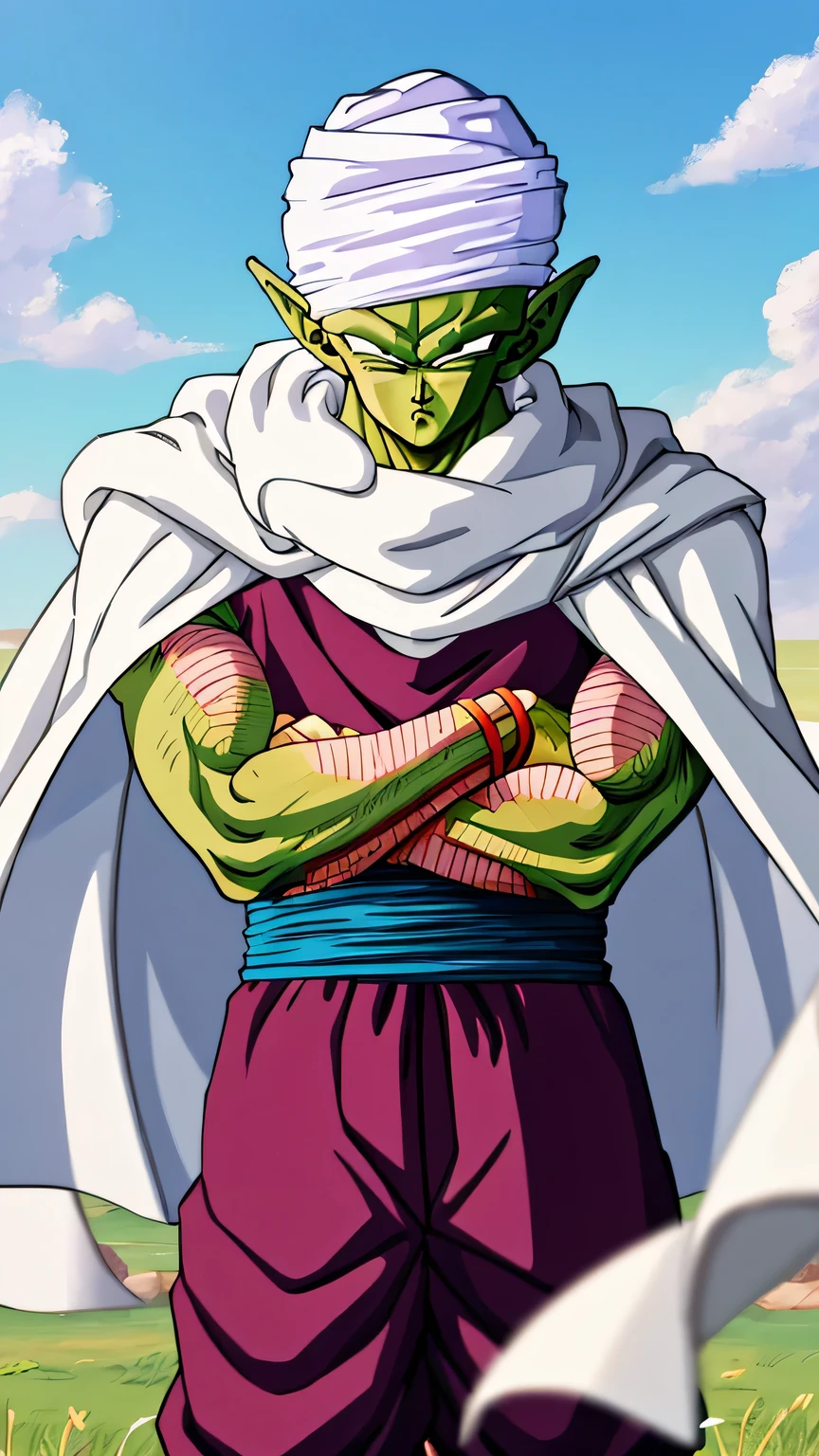 {{{masterpiece}}}, {{{best quality}}}, {{ultra-detailed}}, {illustration}, {{an extremely delicate and beautiful}}, (beautiful detailed eyes:1.6), extremely detailed face, 8k, anime face, piccolo(Dragon Ball),1boy, solo, pointy ears, bald, black eyes, green skin, pink patches, purple dougi, purple pants, blue sash, (white turban), white cape, long cape, BREAK, glare, closed mouth, looking at viewer, crossed arms, rocky grassfields, standing, straight-on