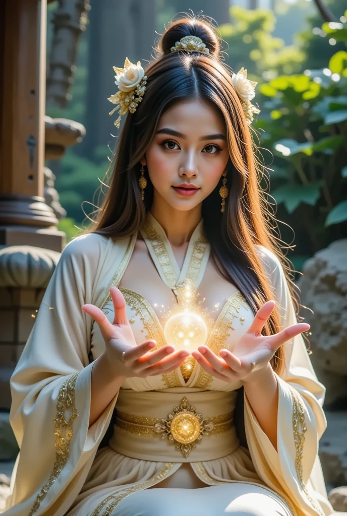 A mysterious forest shining in golden light,Detailed,Background blur, Fortune teller using a crystal ball,Larger image from the front,Mysterious woman,