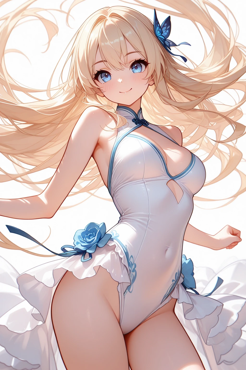 Very detailed、Highest quality、Best image quality、masterpiece、8k、Anime Face、A kind smile、Sparkling Blue Eyes、(Blonde wavy hair:1.5)、(Soft body:1.3)、(High leg:2.0)、(Cowboy Shot:1.5)、(SFW Giant)、(Thick body:1.2)、(good:1.5)、(SXSPNTS)、(White Background:1.5)、(Large rabbit ears)、King&#39;s Staff
