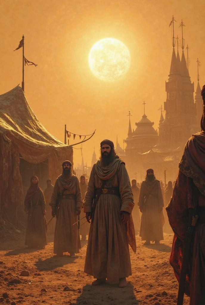 Sun set, blood sky, burning tents, burning date trees, 5 women which wear Proper black hijab who stand outside the tents, a bloody ground, a bloody river, javelin, sword, Arrow everywhere on ground, Arrows from sky, fire woods, a army which wear read hijabs and going towards burning tents, a men which wear Proper green hijab and battle dress which falling towards ground from a bloody horse and a javelin across his chest