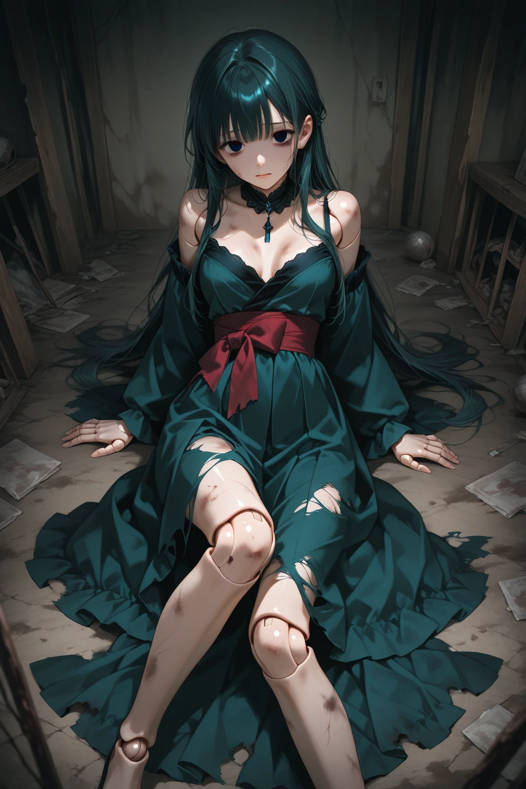 1 Woman, Aesthetic: 1.2), (High Resolution, Absurd Resolution, 8K Resolution, 4K Resolution: 1.3), (Complex, Complex, Retouched Images, HDR: 1.8), (Sharp Focus: 1.5), (Digital Painting: 0.8), (Anime: 1.8), Color Grade, Portrait, Soft Lighting, Intense Shadows, Detailed Background, Ruins, Blood, Zombie Girl, Slender Waist, Sexy Legs, Big, horror, mint green hair, long hair, blue eyes