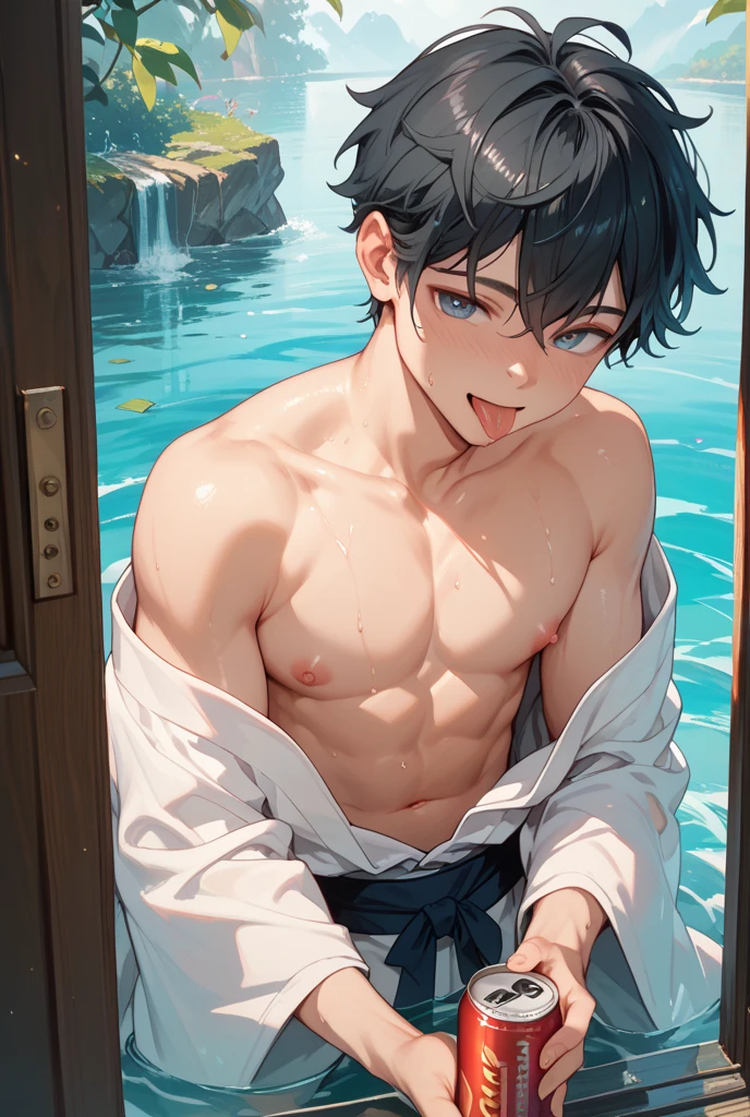 masterpiece, best quality, ultra detailed, solo man, male focus, ((Oblong face)), ((Square jawline)), black hair, ((hairs between eyes)), shoulder length, ((narrow blue eye)), shirt, fair skin, skinny body, beauty mark, nsfw, wet skin, pink base skin, sitting