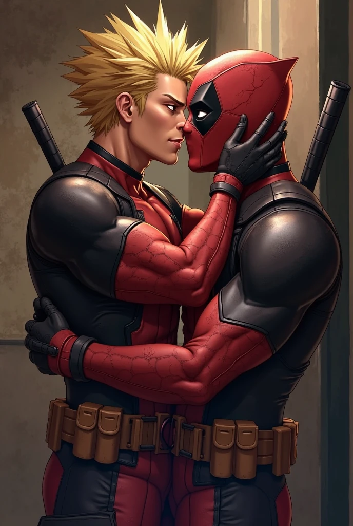 Angry Wolverine and Deadpool hugging him anime version