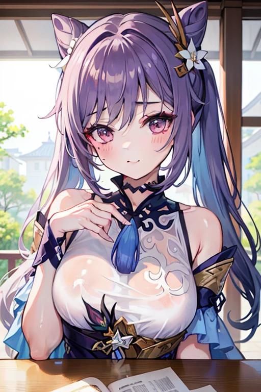 The influence of ganyu on the yuan heart,Pure pink premium manga background,Slim figure,having fun,Mesh garment,Chest open,Exposing the abdomen,Cocked buttocks,Fleshy thighs,Purple shawl,masterpiece,Brilliant sunshine,ln the forest,Above the sky,Comic cover style,Comic title