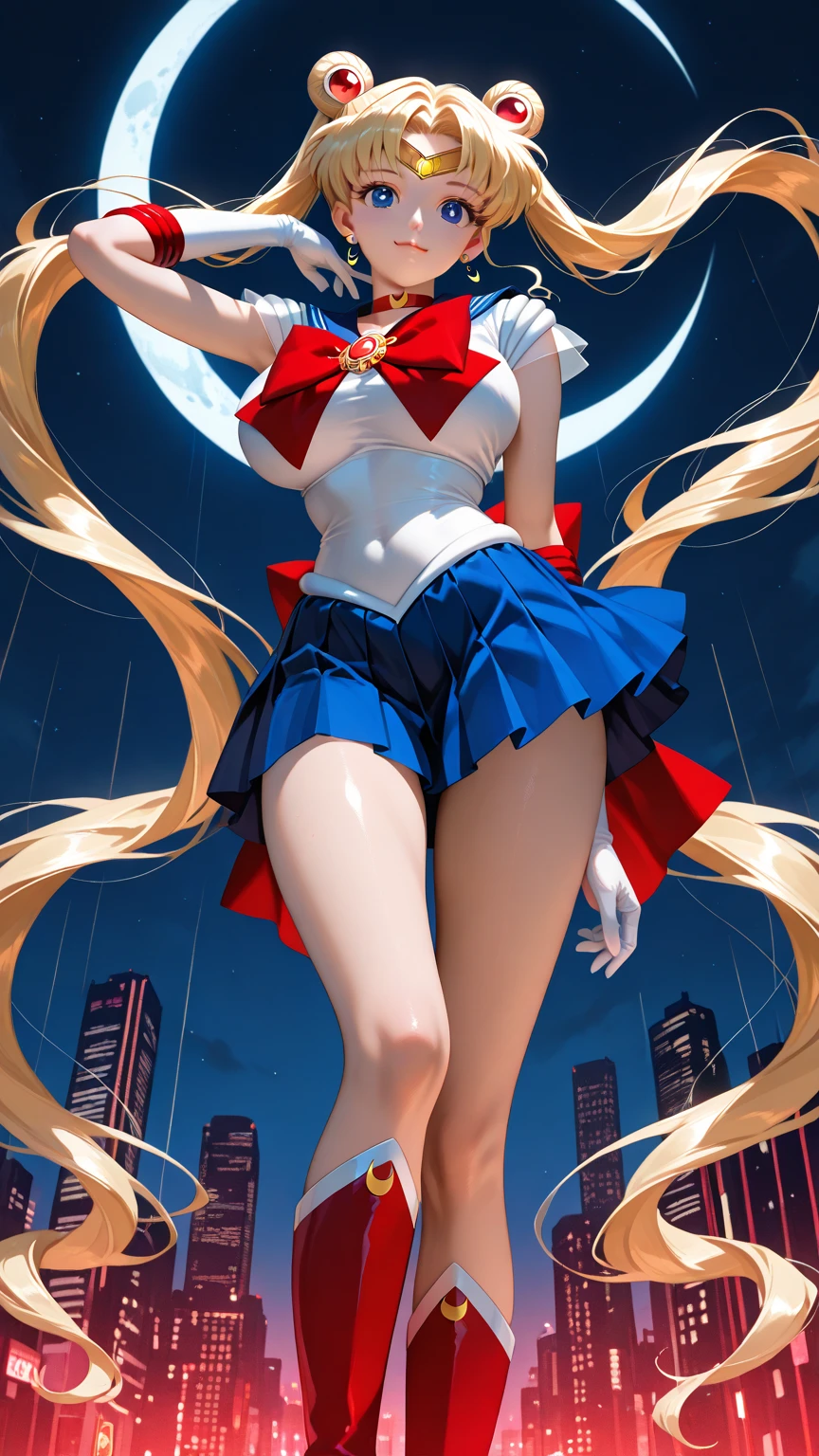 Sailor Moon, 35, is radiant in her iconic costume, striking a seductive pose that flaunts her huge, bra-less, covered breasts. Wearing a very short miniskirt and thigh high stocking with garter, high heel, the full-body shot, taken from below, shows her figure provocatively and gives a glimpse of her covered crotch. Shot in full frame, the image exudes a powerful allure reminiscent of the legendary heroine's youthful charm.