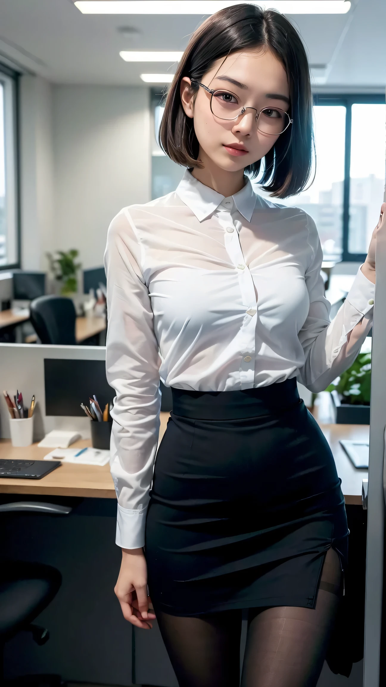 (Glasses)、透けたnipple、美しいnipple、smile、nipple見え、(translucent shirt:1.2)、(In 8K、highest quality、masterpiece:1.2)、(genuine、photogenuineistic:1.37)、Super detailed、1 girl、cute、、、beautiful and detailed sky、office、sitting、date、(blush your nose)、 (perfect beautiful beautiful face:1.15)、(closed mouth)、細やかなbeautiful eyes、(Skeleton shirt:1.1)、daytime、、short cut hair、、white lace、(short hair:1.5)、floating hair、body、20 year old woman、brown hair、、brown eyes、small head、((M cup fashion girl、beautiful eyes、genuine face、genuine skin、genuine-looking face、genuineな肌、fine eyes、、(No underwear:1.3)、、viewer、Look carefully at the face and chest、, see-through shirt。the tip of the chest sticks out。Areola is protruding。(The shape of the genitals is clearly visible), lots of eyelashes。black eyeshadow。bright red lips。black sexy high heels。pubic hair。The lower abdomen is bristly。thin。thighs are open。pubic hairが非常に多い。nippleは非常に突き出ています, そして繊細なbody型、Dark blue suit、camel'With toes、protruding pussy_nipple