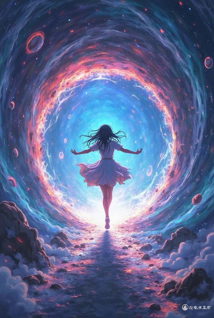 Envision a mesmerizing scene where a woman is suspended by her belly, delicately tied with ornate ropes, in a dreamlike realm of floating islands and colorful skies. The environment is filled with fluffy clouds, waterfalls cascading from the floating islands, and a vibrant, surreal atmosphere. The woman's expression exudes a sense of peace and serenity as she hangs weightlessly in the air. ((The woman's face is intricately detailed with distinct and defined features.)) The atmosphere is filled with a sense of wonder and tranquility. This scene will be depicted in an anime-style illustration, with soft lines, pastel colors, and a whimsical touch. The artwork will capture the ethereal beauty and tranquility of the dreamlike realm, creating a sense of harmony and escape from the ordinary world.